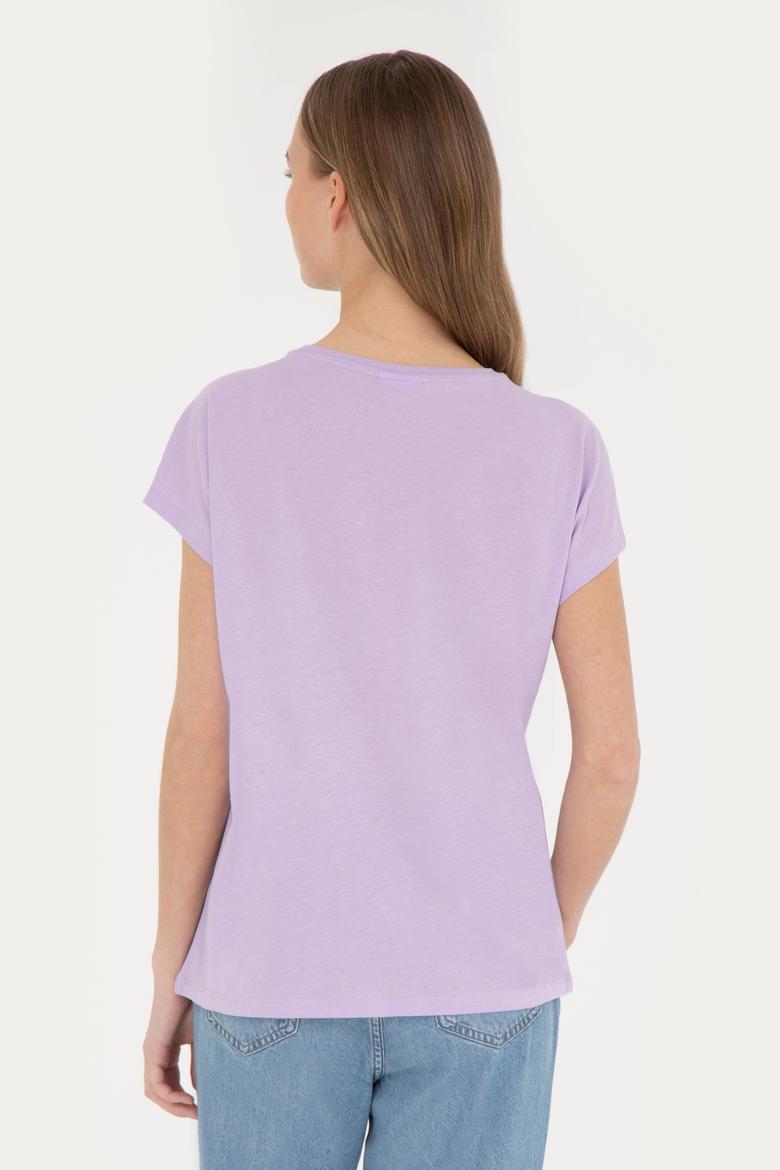 Kadın Lila Bisiklet Yaka Tişört - 50282896006