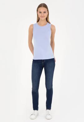 Kadın Mavi Bisiklet Yaka Kolsuz Tişört - 50285852066