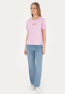 Kadın Pembe Bisiklet Yaka Tişört - 50285886029