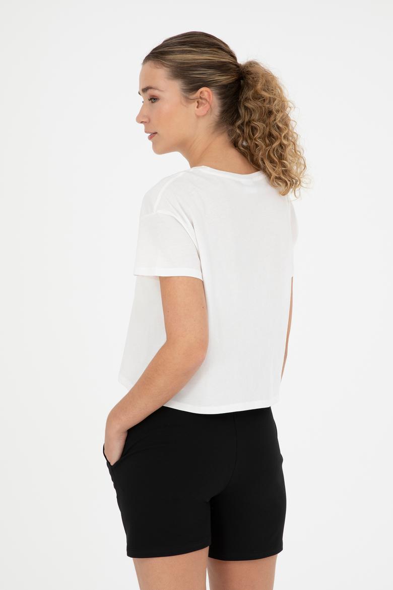 Kadın Ekru Bisiklet Yaka Tişört - 50286053019