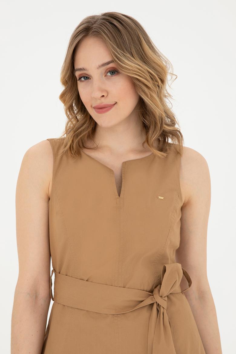 Kadın Kum Bisiklet Yaka Kolsuz Dokuma Elbise - 50280568007