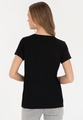 Kadın Siyah Bisiklet Yaka Tişört - 50285843009