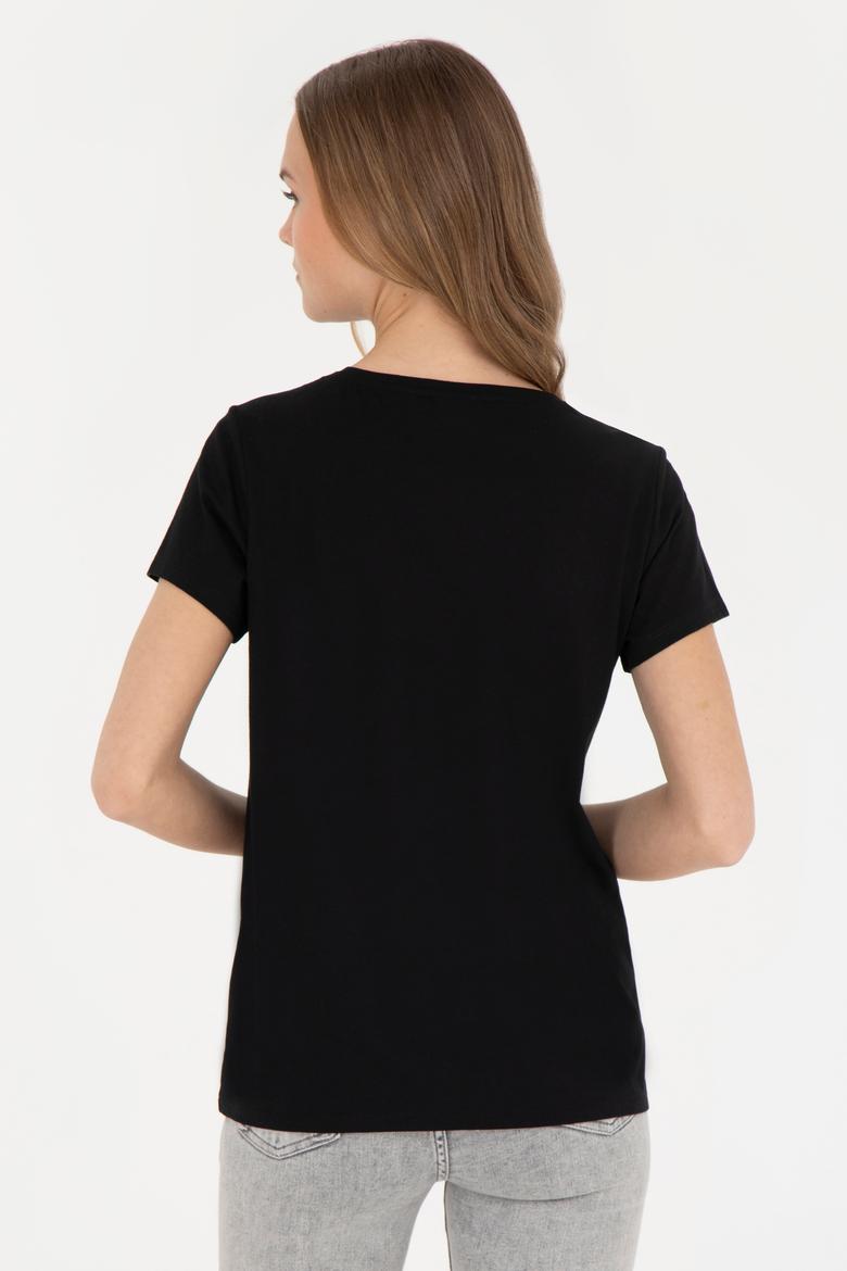 Kadın Siyah Bisiklet Yaka Tişört - 50285843009