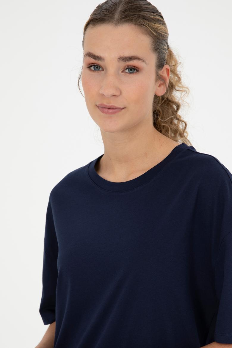 Kadın Lacivert Oversize Bisiklet Yaka Tişört - 50286107042