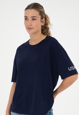 Kadın Lacivert Oversize Bisiklet Yaka Tişört - 50286107042