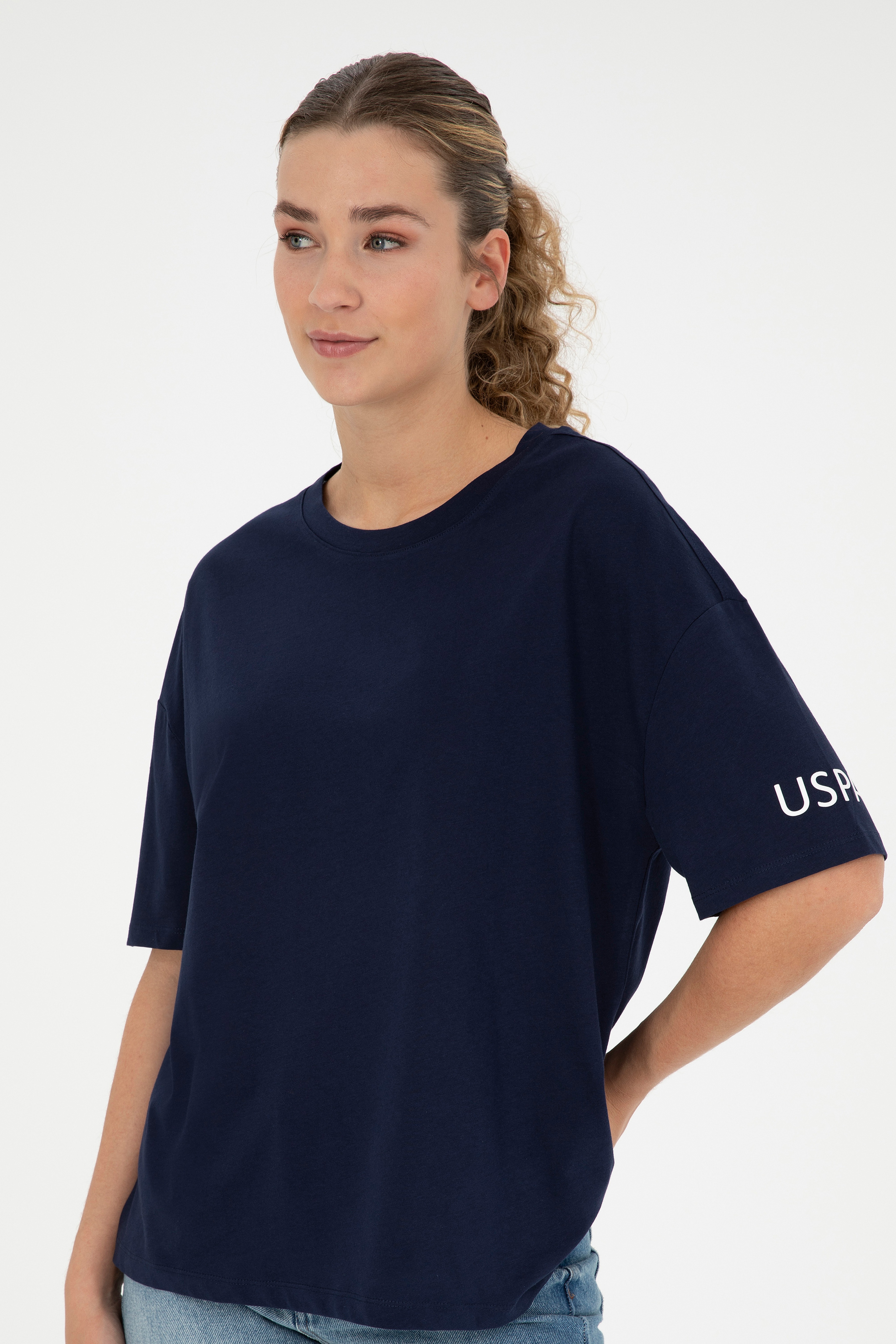Kadın Lacivert Oversize Bisiklet Yaka Tişört