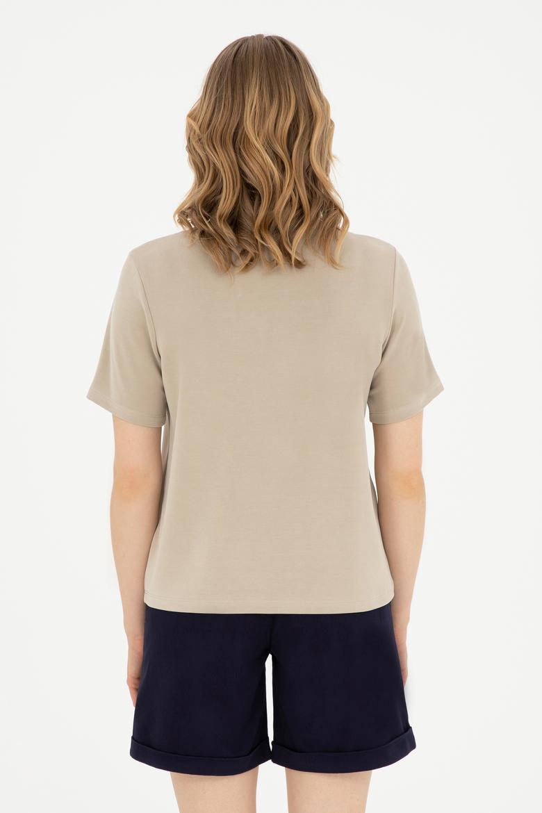 Kadın Açık Haki Bisiklet Yaka Tişört - 50282785013