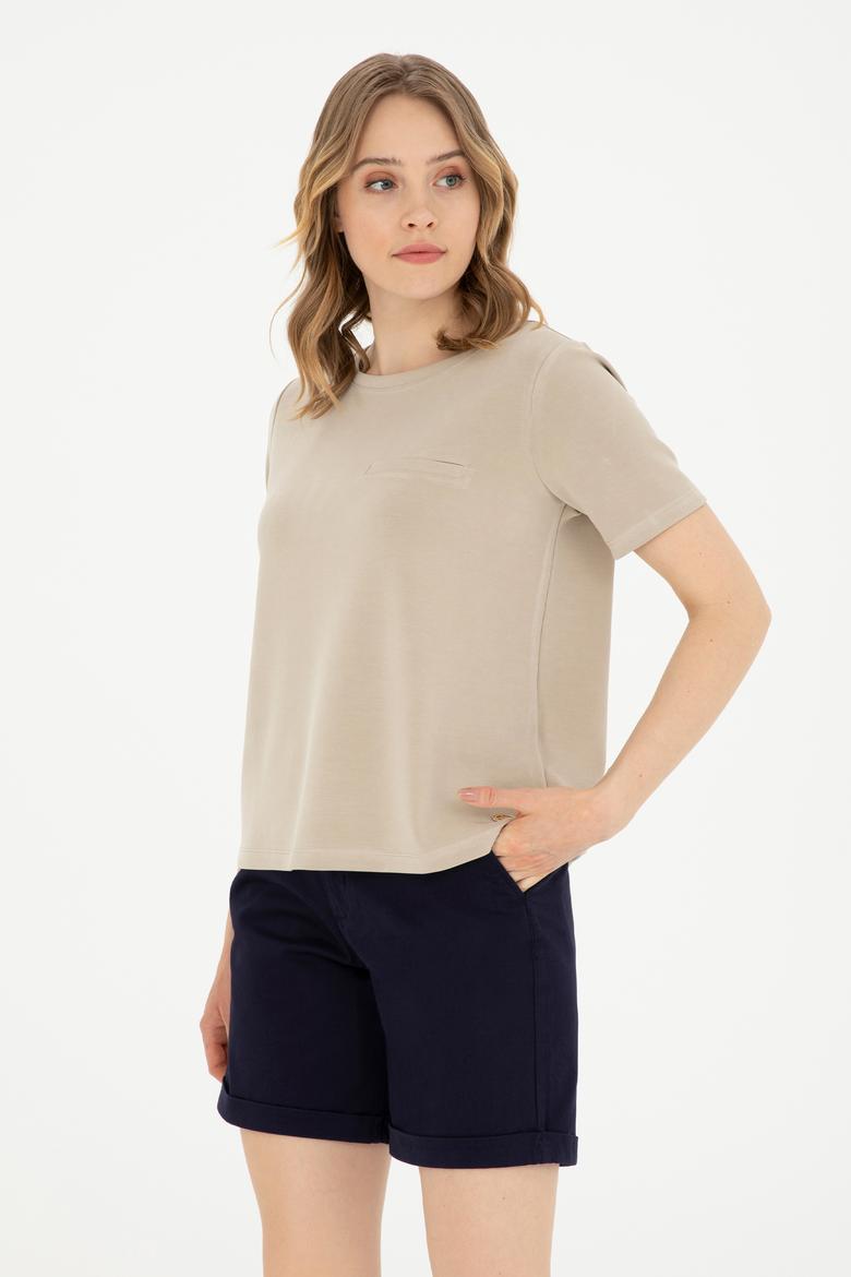 Kadın Açık Haki Bisiklet Yaka Tişört - 50282785013