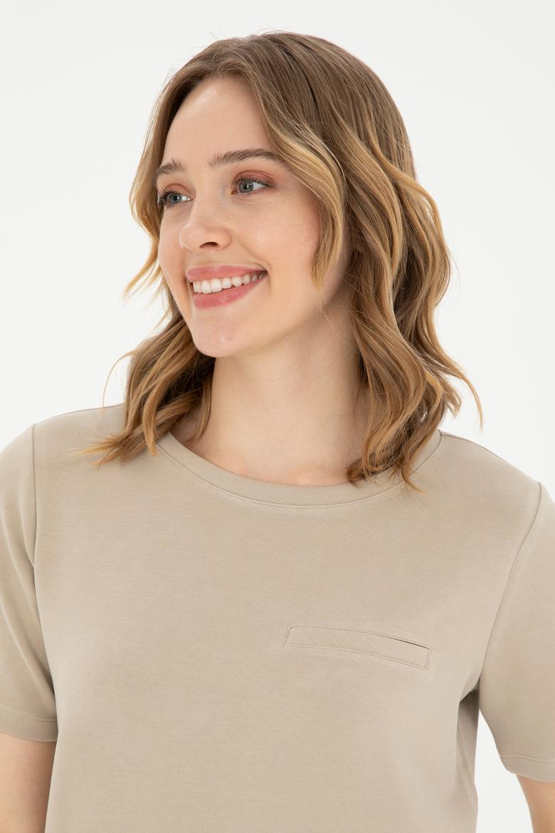 Kadın Açık Haki Bisiklet Yaka Tişört - 50282785013