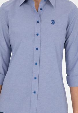 Kadın Saks Çizgili Uzun Kollu Gömlek - 50279803003