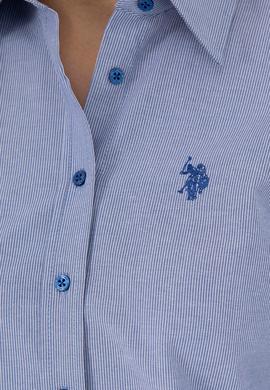 Kadın Saks Çizgili Uzun Kollu Gömlek - 50279803003