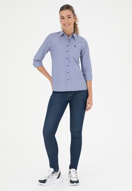 Kadın Saks Çizgili Uzun Kollu Gömlek - 50279803003