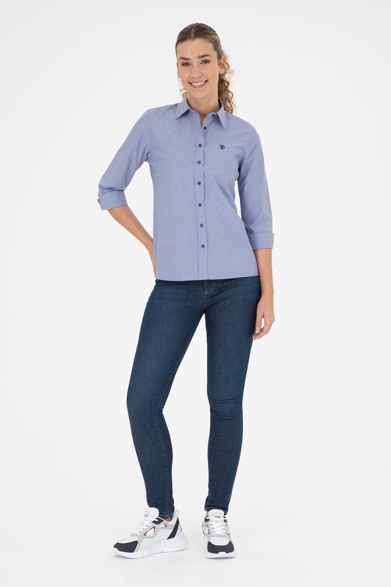 Kadın Saks Çizgili Uzun Kollu Gömlek - 50279803003