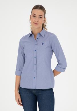 Kadın Saks Çizgili Uzun Kollu Gömlek - 50279803003