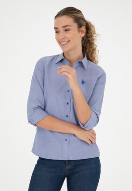 Kadın Saks Çizgili Uzun Kollu Gömlek - 50279803003