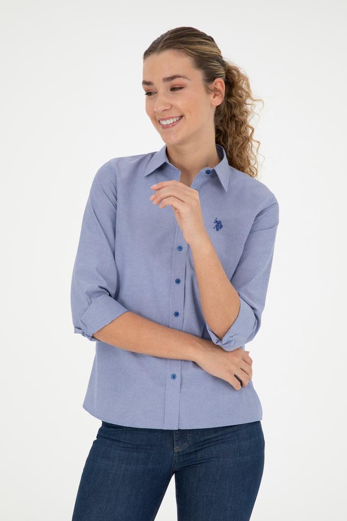 Kadın Saks Çizgili Uzun Kollu Gömlek