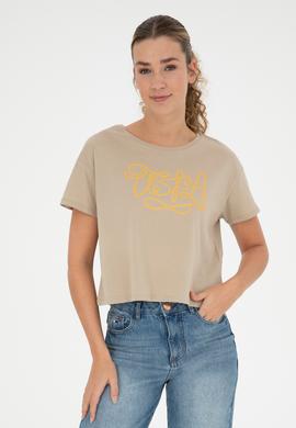 Kadın Açık Haki Bisiklet Yaka Tişört - 50286053001