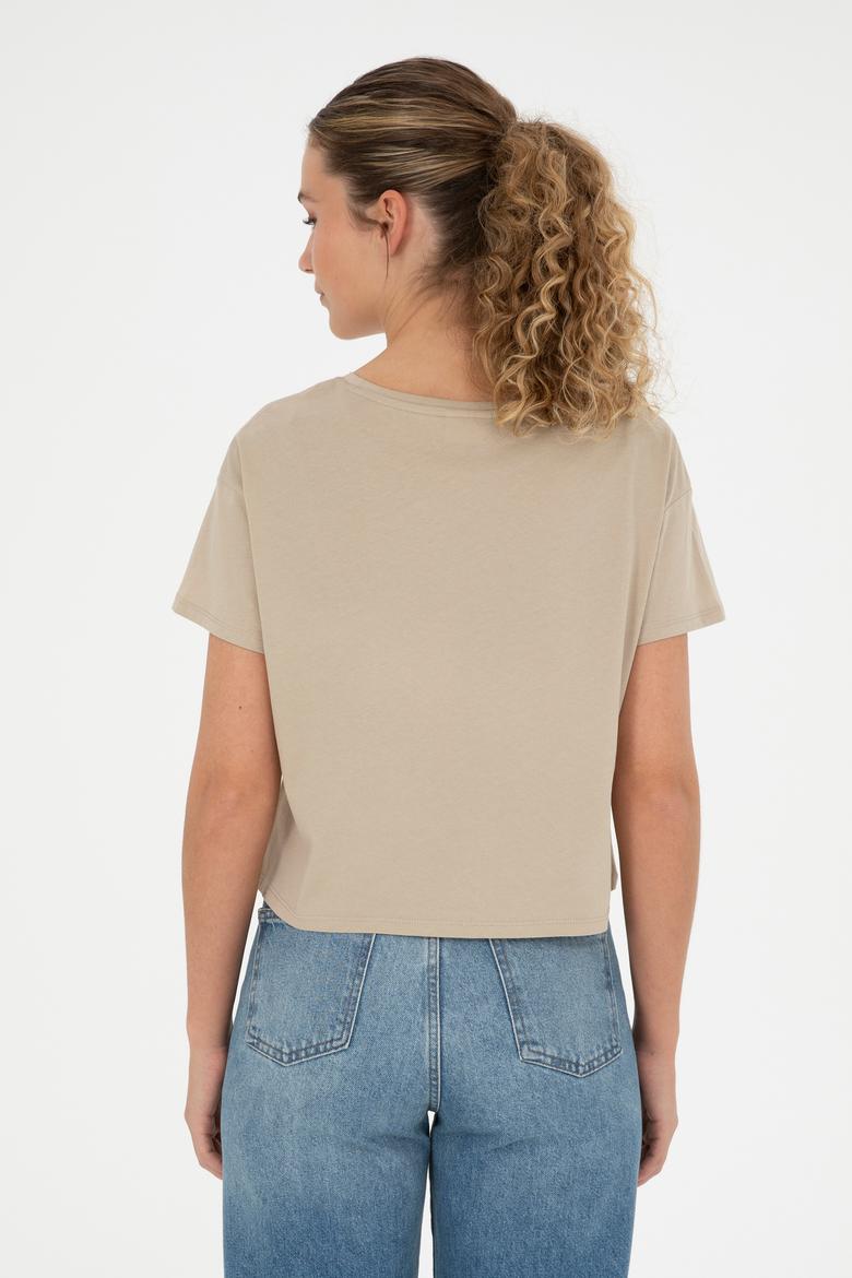 Kadın Açık Haki Bisiklet Yaka Tişört - 50286053001