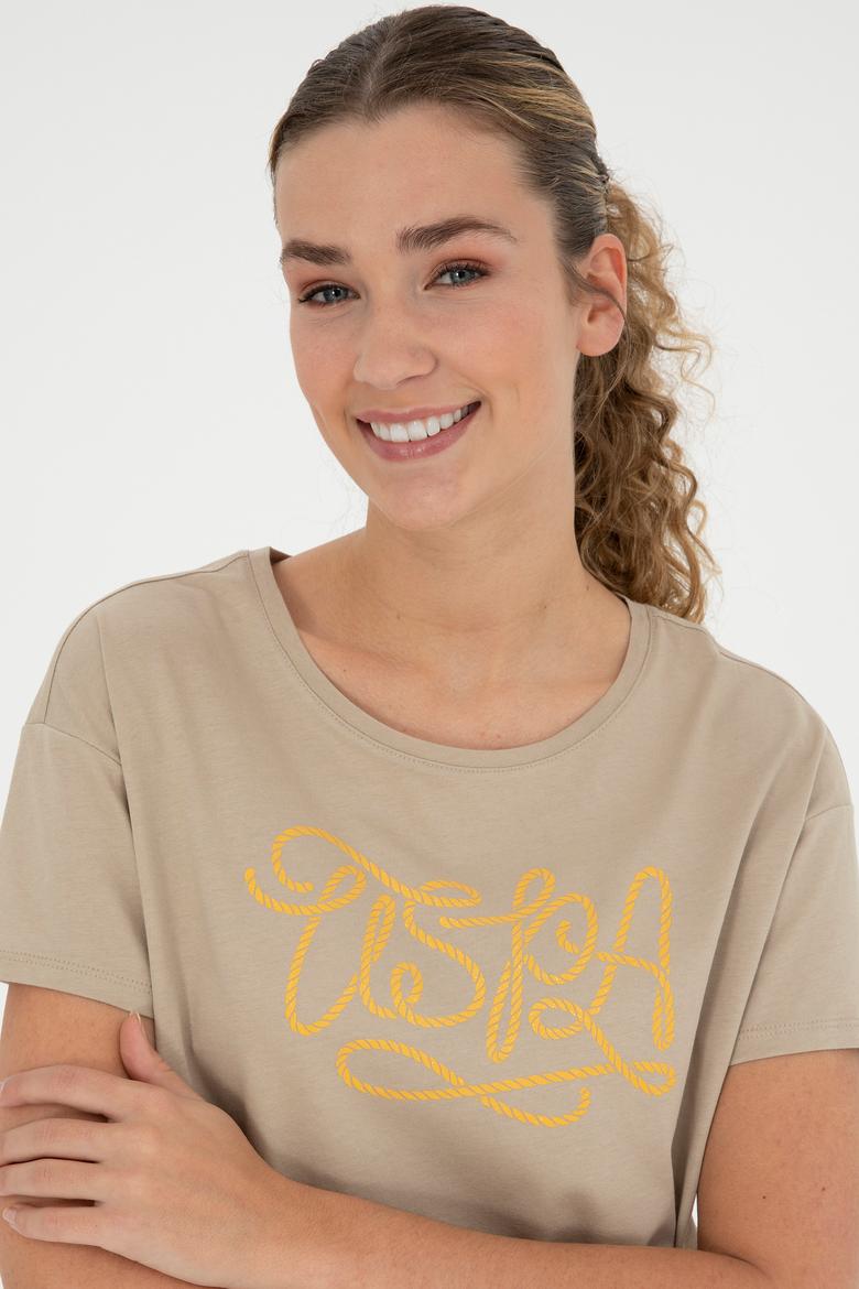 Kadın Açık Haki Bisiklet Yaka Tişört - 50286053001