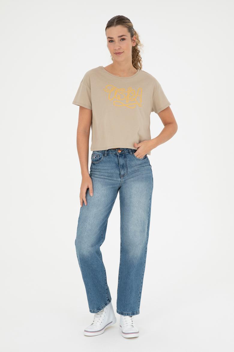 Kadın Açık Haki Bisiklet Yaka Tişört - 50286053001