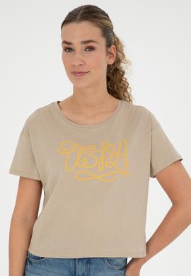 Kadın Açık Haki Bisiklet Yaka Tişört - 50286053001