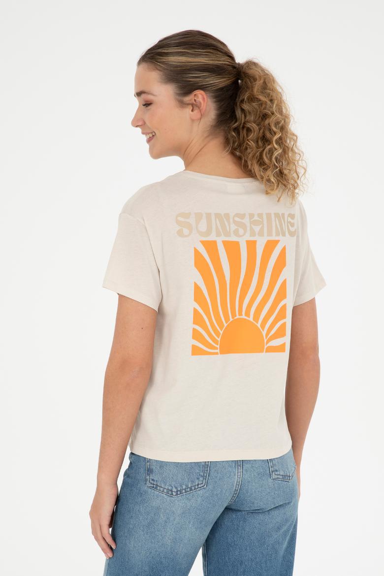 Kadın Krem Bisiklet Yaka Tişört - 50286105027