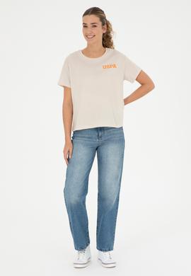 Kadın Krem Bisiklet Yaka Tişört - 50286105027