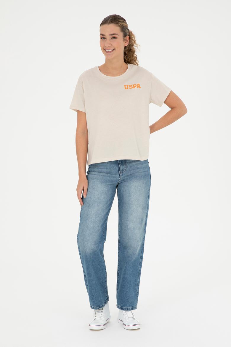 Kadın Krem Bisiklet Yaka Tişört - 50286105027