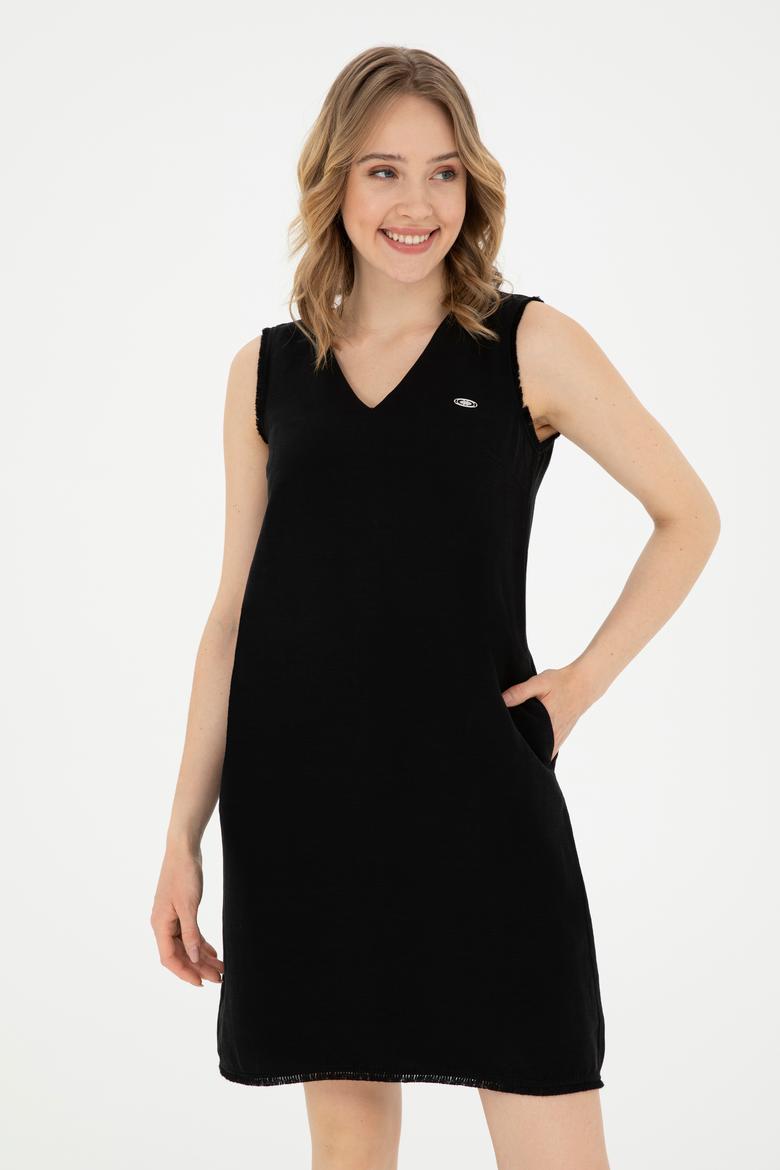 Kadın Siyah Bisiklet Yaka Dokuma Elbise - 50280580027