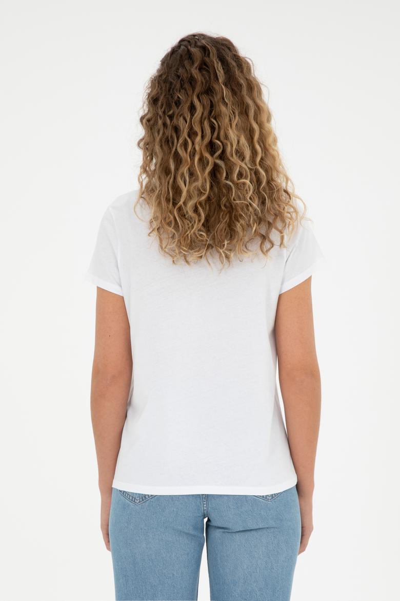 Kadın Beyaz Bisiklet Yaka Tişört - 50285856011