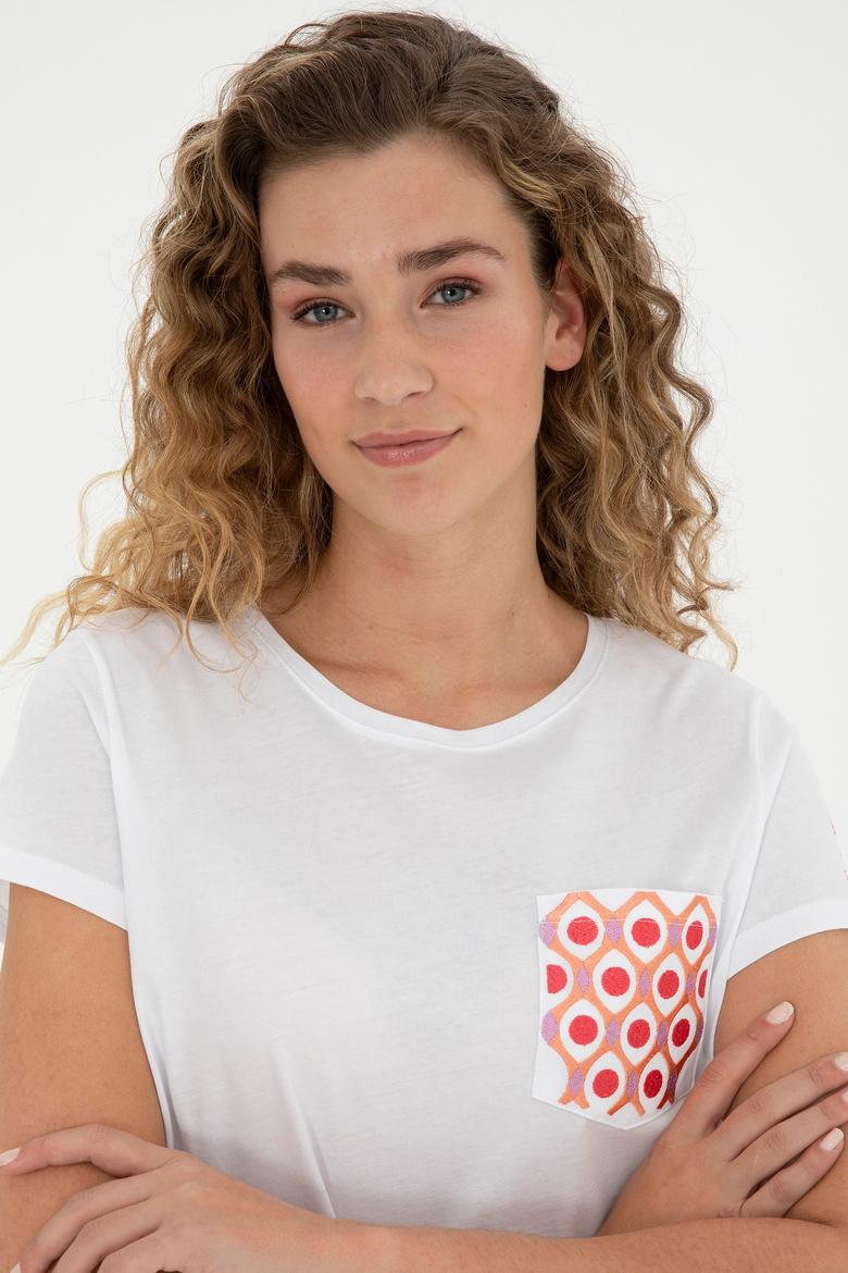 Kadın Beyaz Bisiklet Yaka Tişört - 50285856011