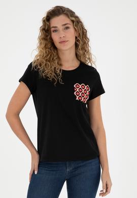 Kadın Siyah Bisiklet Yaka Tişört - 50285856021