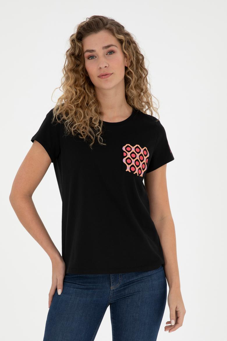Kadın Siyah Bisiklet Yaka Tişört - 50285856021