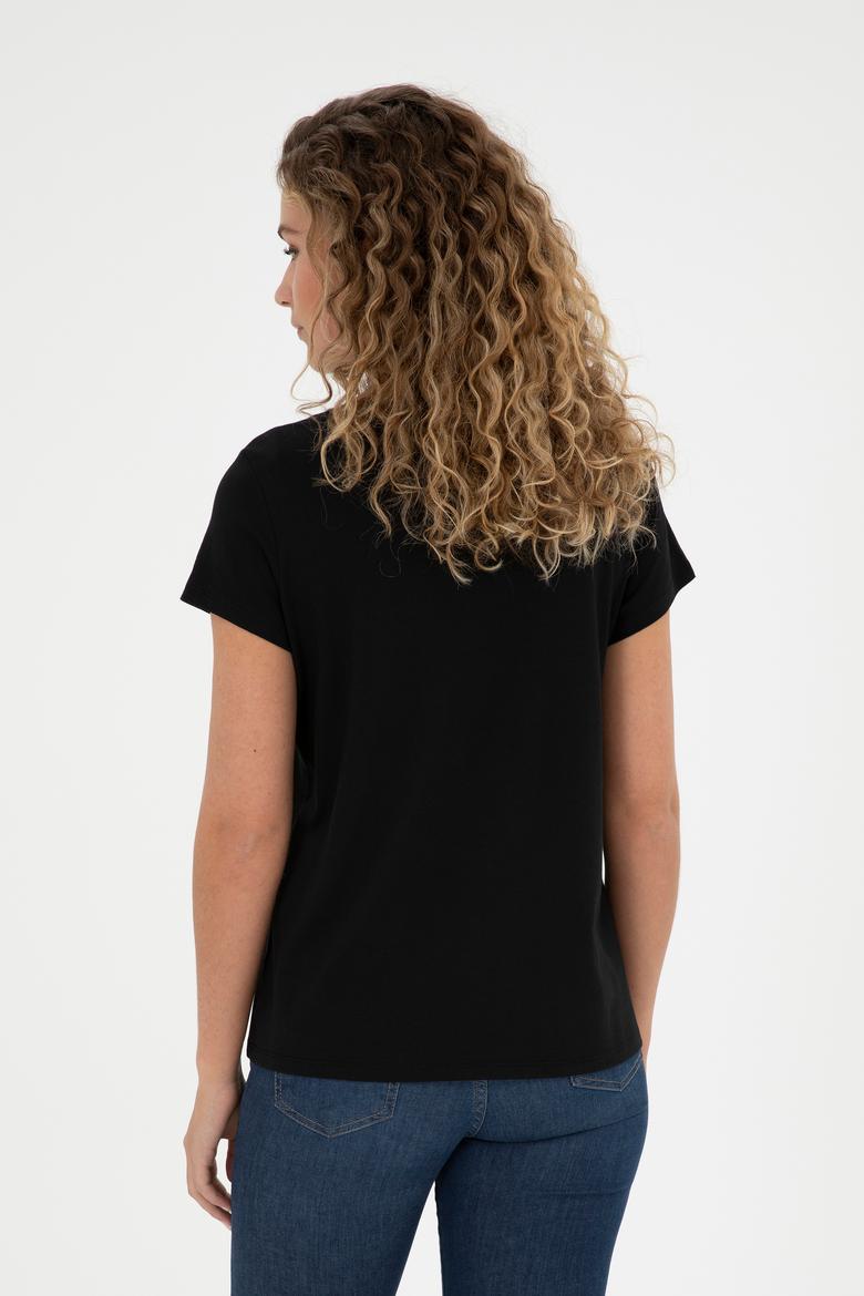 Kadın Siyah Bisiklet Yaka Tişört - 50285856021