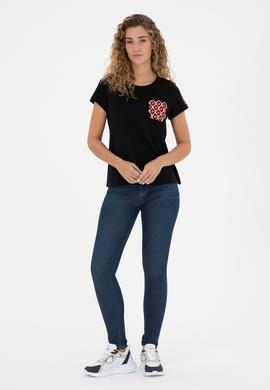 Kadın Siyah Bisiklet Yaka Tişört - 50285856021