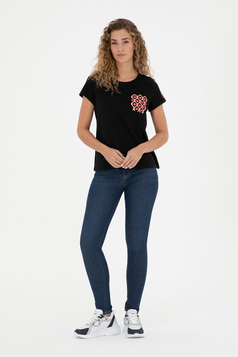Kadın Siyah Bisiklet Yaka Tişört - 50285856021