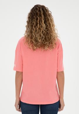 Kadın Neon Pembe Oversize Bisiklet Yaka Tişört - 50286107026