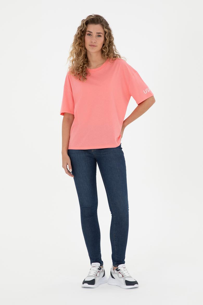 Kadın Neon Pembe Oversize Bisiklet Yaka Tişört - 50286107026