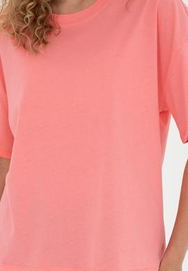 Kadın Neon Pembe Oversize Bisiklet Yaka Tişört - 50286107026