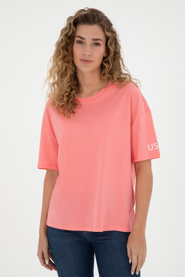 Kadın Neon Pembe Oversize Bisiklet Yaka Tişört - 50286107026