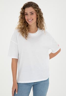 Kadın Beyaz Oversize Bisiklet Yaka Tişört - 50286107009