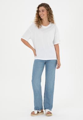 Kadın Beyaz Oversize Bisiklet Yaka Tişört - 50286107009