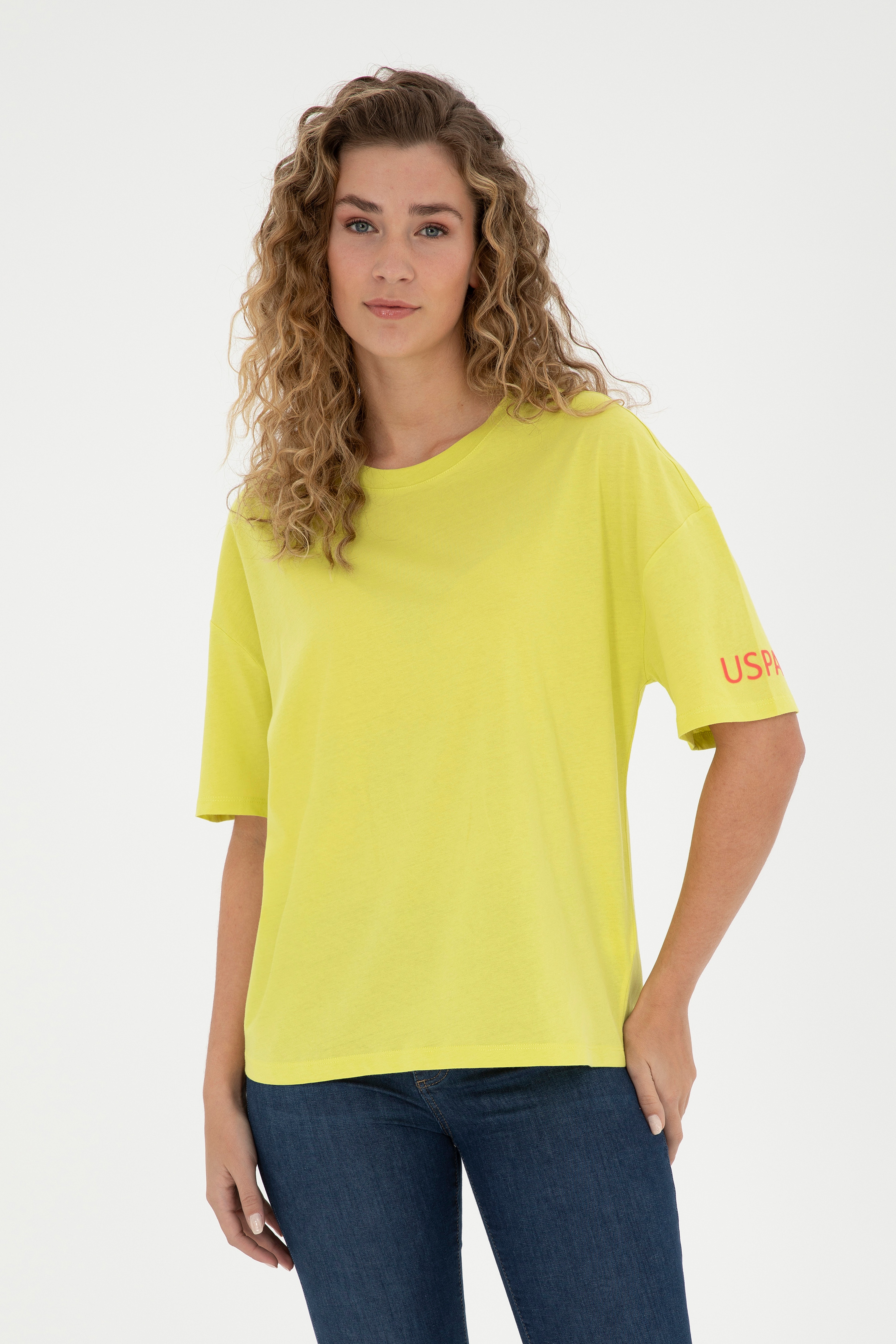 Kadın Fıstık Yeşili Oversize Bisiklet Yaka Tişört - Image 1