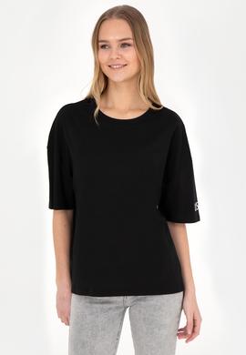 Kadın Siyah Oversize Bisiklet Yaka Tişört - 50286107039