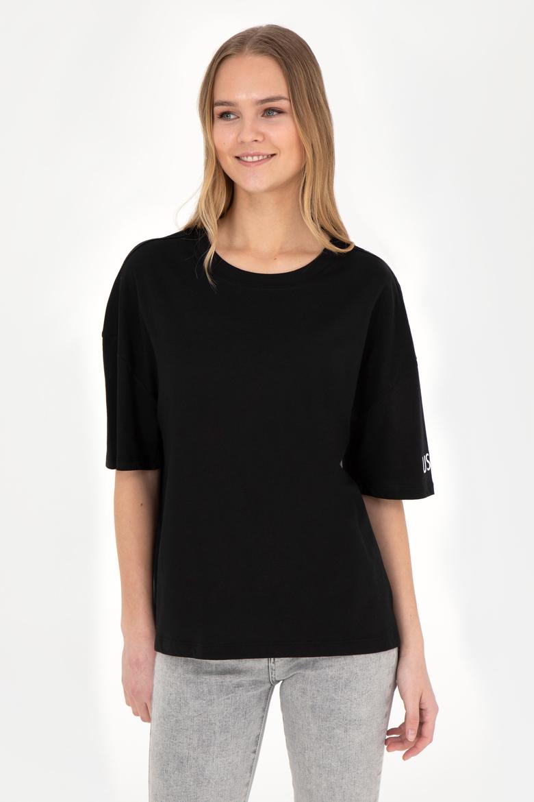 Kadın Siyah Oversize Bisiklet Yaka Tişört - 50286107039