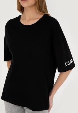 Kadın Siyah Oversize Bisiklet Yaka Tişört - 50286107039