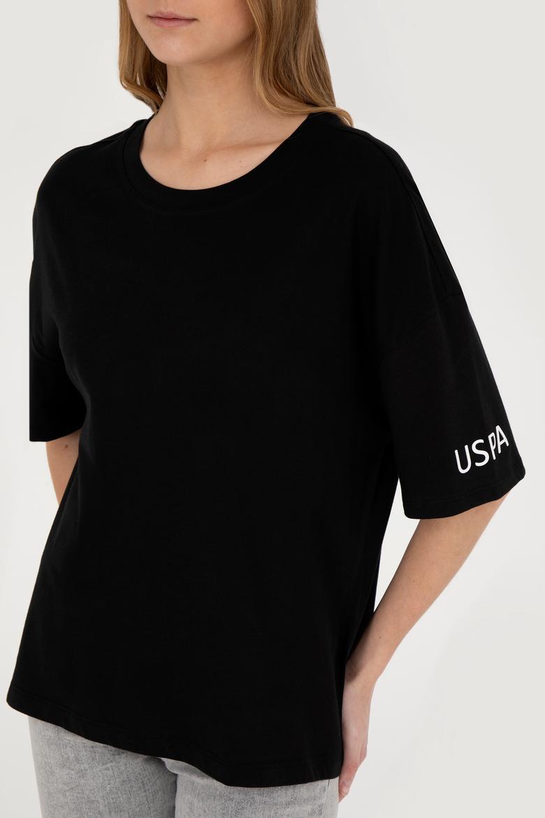 Kadın Siyah Oversize Bisiklet Yaka Tişört - 50286107039