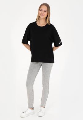 Kadın Siyah Oversize Bisiklet Yaka Tişört - 50286107039