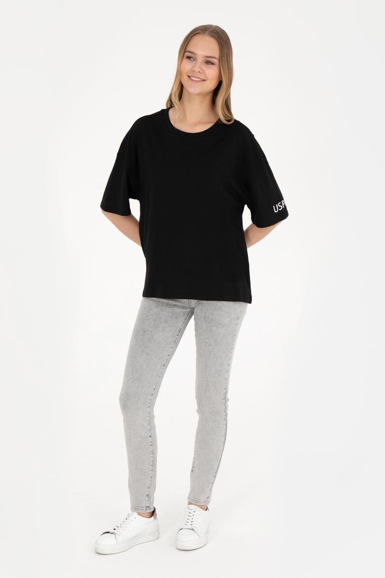 Kadın Siyah Oversize Bisiklet Yaka Tişört - 50286107039