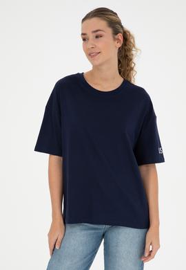 Kadın Lacivert Oversize Bisiklet Yaka Tişört - 50286107042